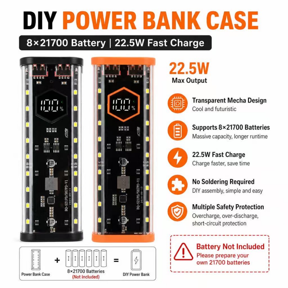 Power Banks - Caja para Baterías 8*21700, Carga Rápida