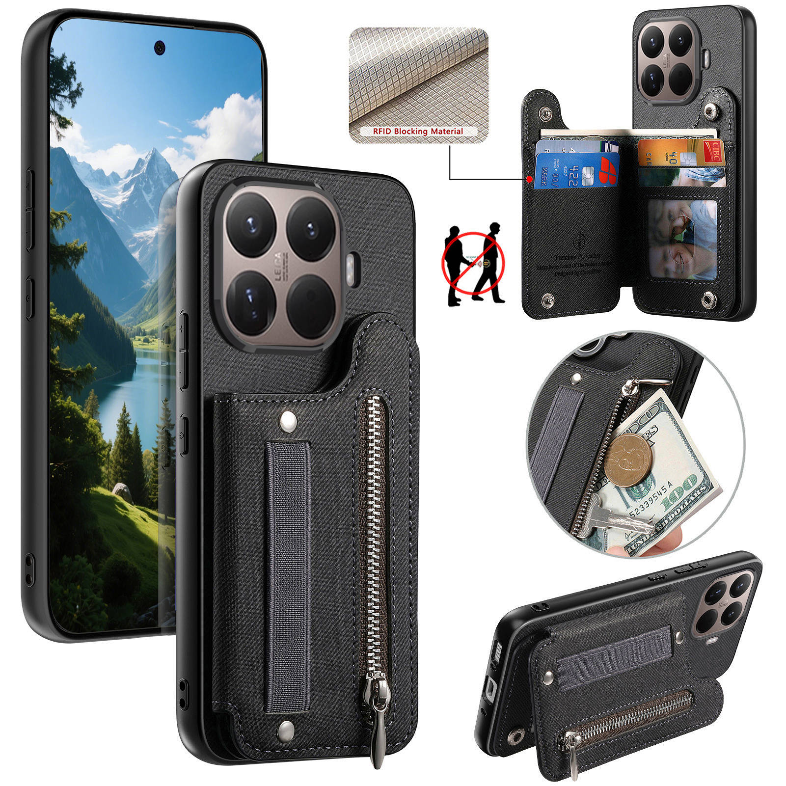 Leather Wallet Card Holder Phone Cover - Cartera con cremallera y correa para